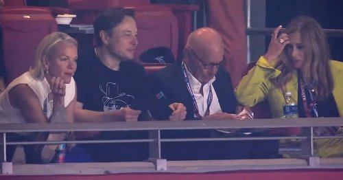 Elon Musk sits with Rupert Murdoch and Elizabeth Murdoch at the Super Bowl